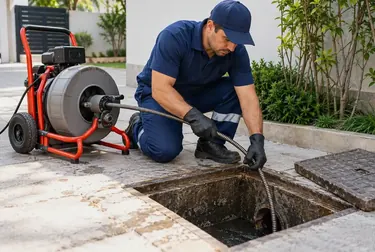 Equipe realizando desentupimento de esgoto em Itumbiara.