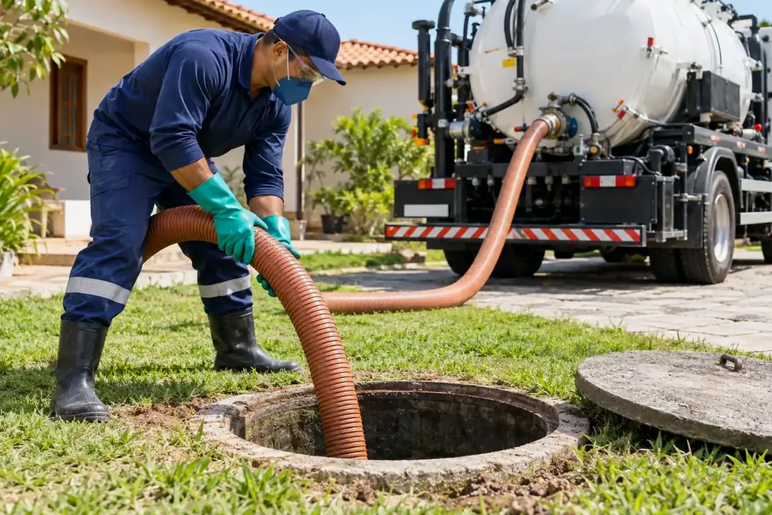 Equipe realizando limpeza de fossa séptica em Itumbiara.