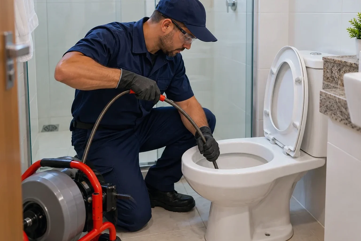 Profissional desentupindo vaso sanitário em Itumbiara.