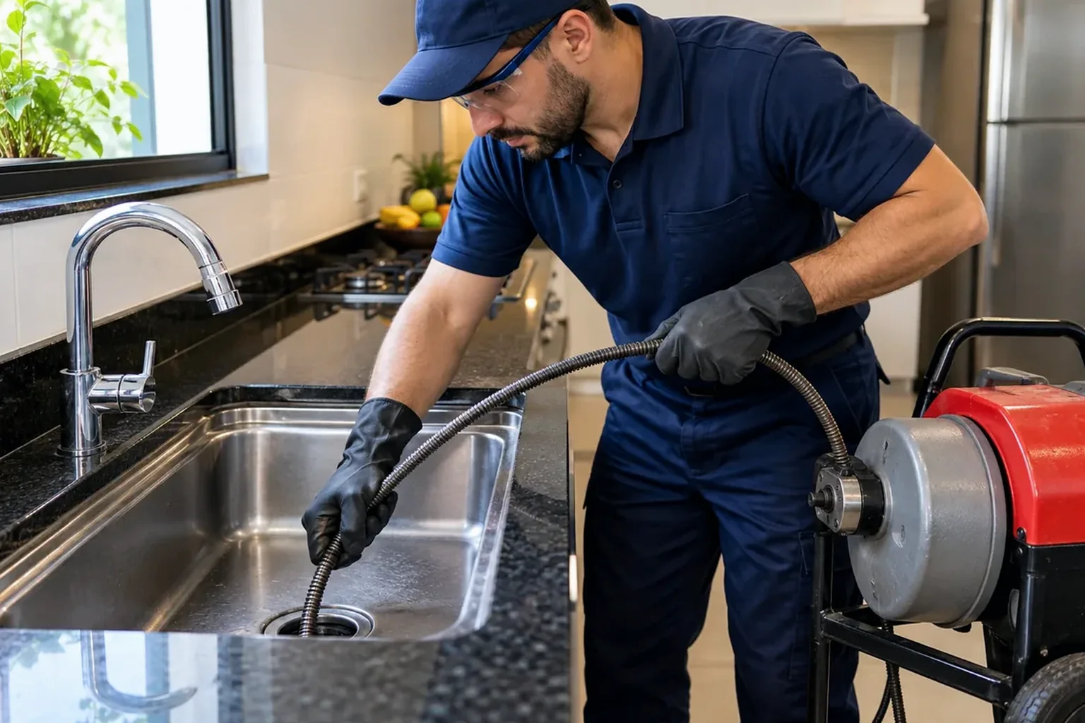 Profissional realizando desentupimento de pia em Itumbiara.