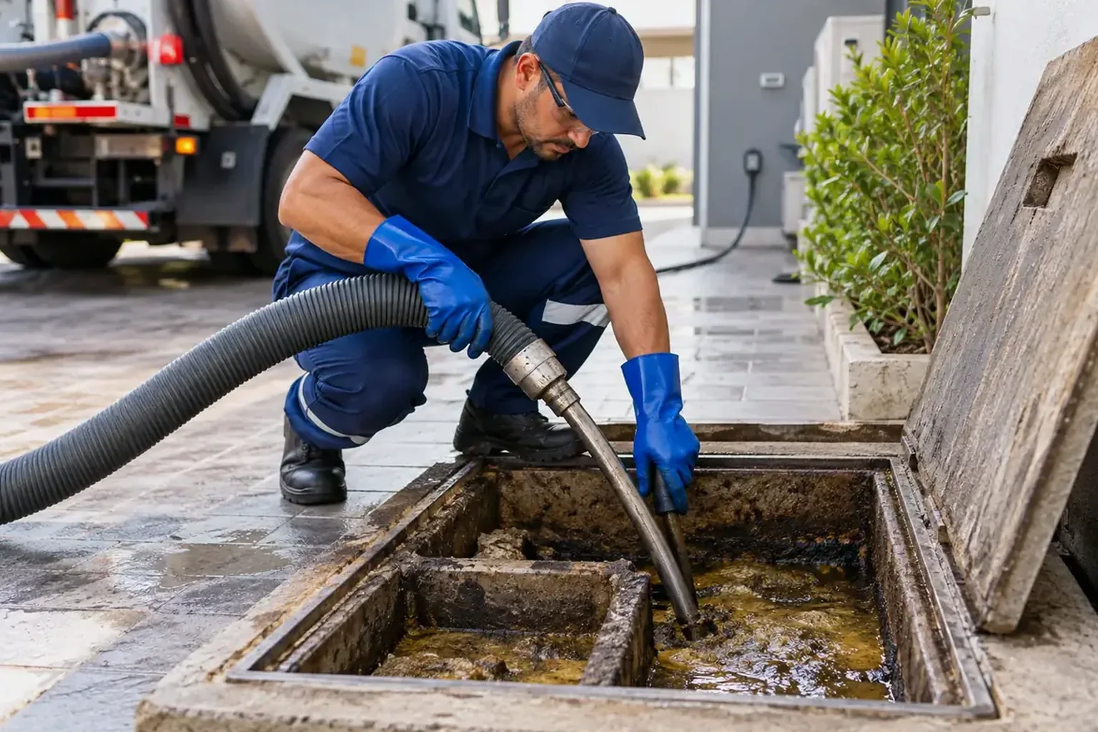 Técnico limpando caixa de gordura em Itumbiara.
