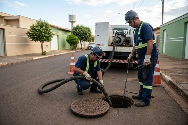 Técnicos fazendo manutenção em redes de esgoto em Itumbiara.